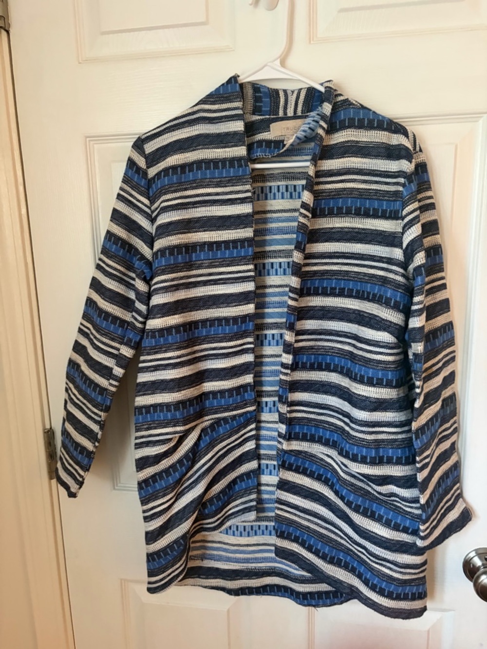 Striped Open-Front Knit Blazer in Blue & White
